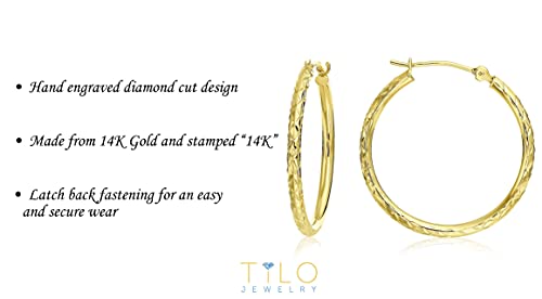 14K Yellow Gold Round Hoop Earrings with X Pattern Diamond-cut Design4