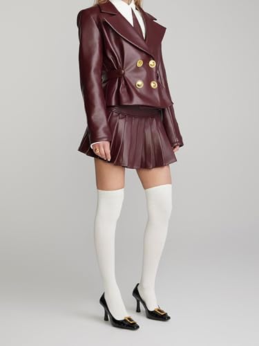Mandonce Leather Skirt Set Lapel Waisted Leather Cropped Jacket and Pleated Mini Skirt Varsity Cute Fall Outfits for Women3