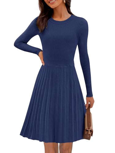 MEROKEETY Women's 2025 Long Sleeve Mini Sweater Dress Crewneck Ribbed Knit A Line Pleated Swing Short Dresses, Navy, Small