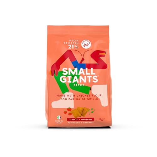 SMALL GIANTS®| Snack Proteici con Farina di Grillo - Crackers Proteici al gusto Pomodoro & Origano. High Protein, Vit.B12, Omega3, Proteine Sostenibili, Senza Zuccheri Aggiunti