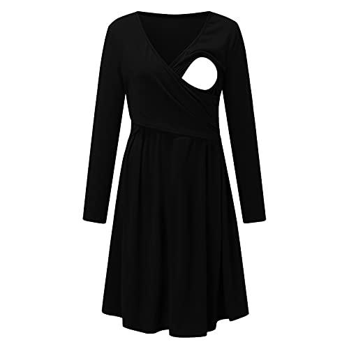 Franterd Women's Maternity Dress Nursing Nightgown for Breastfeeding Nightshirt Sleepwear Mama Baby Shower Long Shirt S-XL Black
