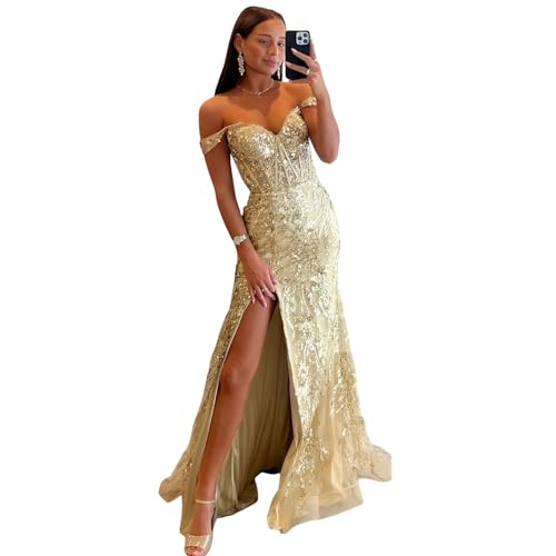 ManDu Sparkly Sequin Applique Prom Dresses Long Mermaid Tulle Formal Evening Party Gowns Sweetheart Ball Gown with Slit