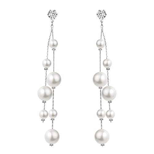 EleQueen Simulated Pearl Ball Dangle Earrings for Women, Cubic Zirconia Long Chain Jewelry for Wedding Party