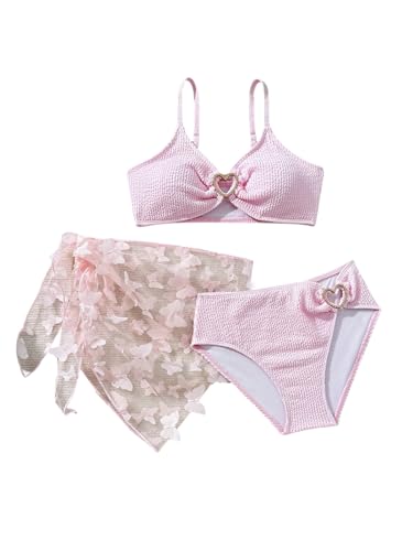 Verdusa Girl's 3 Piece Textured Bikini Set Cut Out Swimsuit with Butterfly Mesh Cover Up Skirt