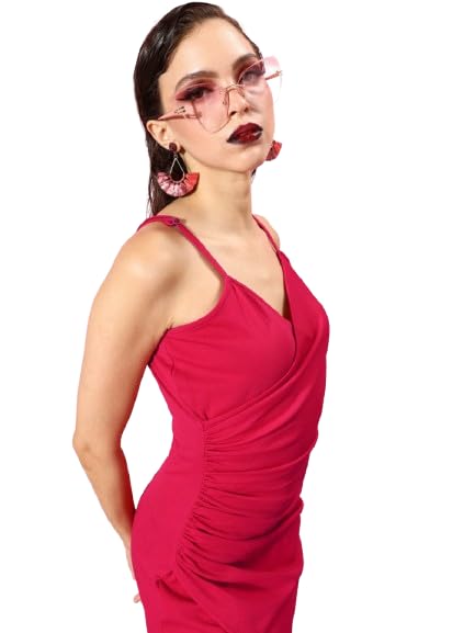 Women and Girls Polyester Gown V-Neck Solid Print Maxi Sleeveless Fuchsia Party Dress