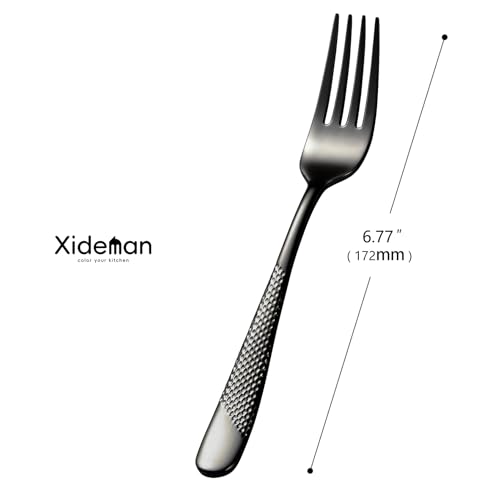 Xideman® 12-Piece Premium Hammered Salad Forks Set (6.7 inch), 18/10 Stainless Steel Forks Silverware, Mirror Polished Dessert Forks for Home, Kitchen, Restaurant, Dishwasher Safe (Black)