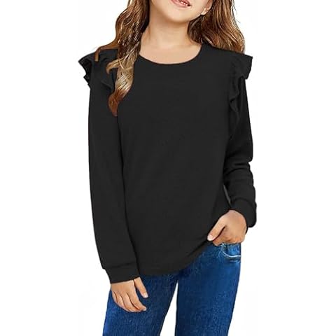 Yekaty Girls Long Sleeve Black Shirt Cute Ruffle Top Fall Blouses School 10-12 Clothes Trendy Cover