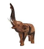 Jedes Exemplar ein Unikat. Elefant, stehend, Rüssel erhoben, mittel, Holz, Holzfigur, Deko, Dekoration, Dekofigur, Holzdeko, Skulptur, braun