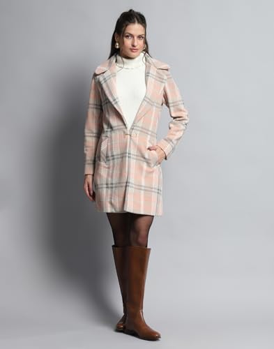 Image of Monte Carlo Womens Check Coral Notch Lapel Full Sleeve Coat 224067370-1-34