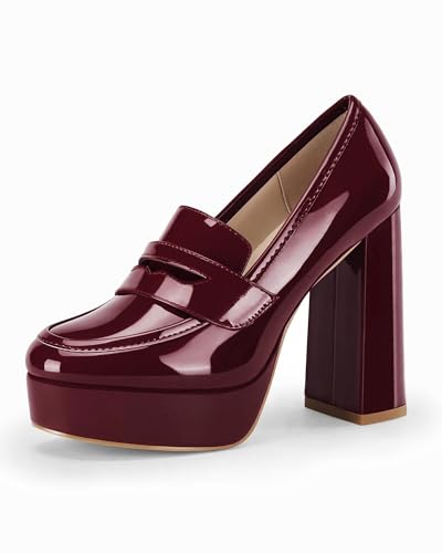 Image of Coutgo Womens Platform Heels Loafers Chunky High Heel Closed Toe Patent Leather Shoes Penny Loafer Business Dress Work Pumps
