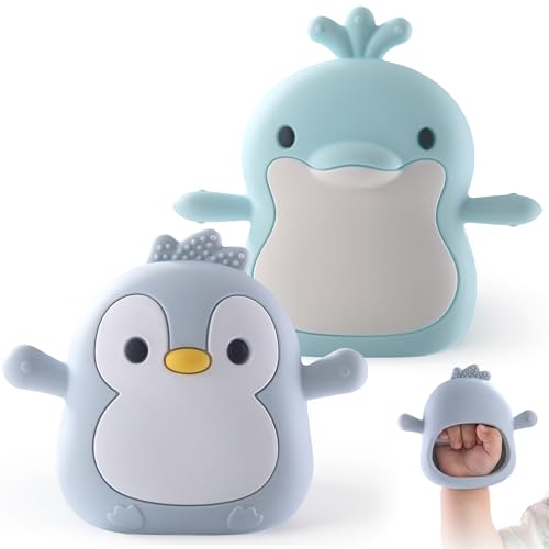 Image of Baby Teething Toys for 3-6 Months Silicone Teething Mittens for Babies Food Grade Silicone Teether (Dolphin+Blue Penguin)
