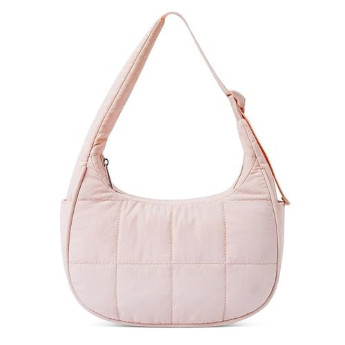 Image of Small Puffer Bag, Crescent Shoulder Bag for Women,Nylon Quilted Tote Handbags with Adjustable Strap (Pink)