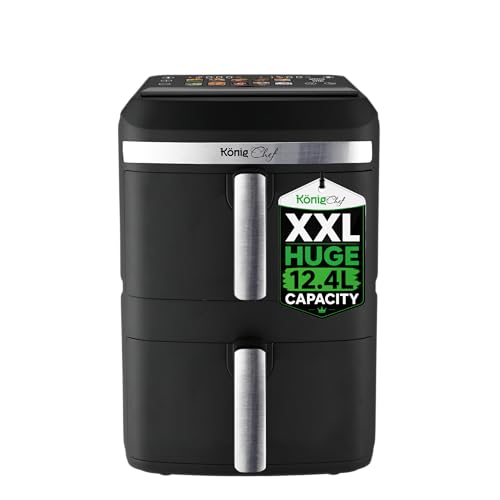 XXL 12.4L Stacked Dual Basket KönigChef Double Drawer Vertical Family Air Fryer 2800W FRY FORCE 360 10 Presets Match & Sync LED Touch Display - ZHAF-968A