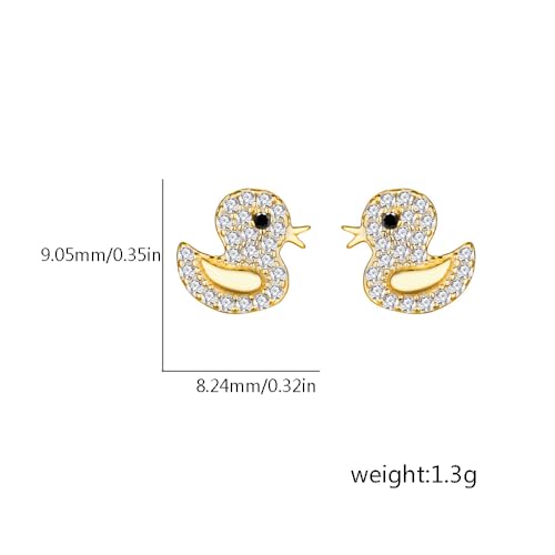 Cute CZ Duck 925 Sterling Silver Small Stud Earrings for Women Cartilage Sensitive Ear Dainty Gold Plated Yellow Animal Studs Hypoallergenic Fashion Jewelry Birthday Christmas Gift Daugther Bff2