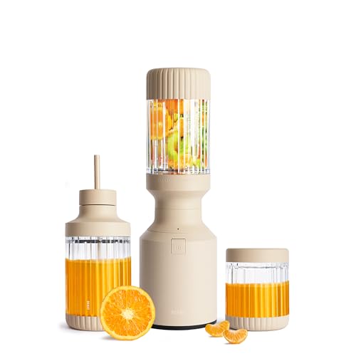 The Beast Mini Blender Plus | Mini Countertop Kitchen Blender | Blend Smoothies and Shakes, Dressings, Sauces, Dips | Extra Vessels, Straw Cap and Straws Included | 600W (Sand)