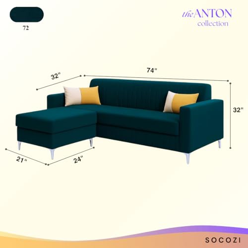 Image of SOCOZI Anton 4 Seater L Shape Sofa Set with Movable Ottoman | Flexible Left or Right Layout | Soft Velvet Suede Fabric | Modern Design | Plush Comfort Cushion for Living Room (Greenish Teal)