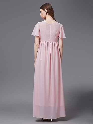 Image of Miss Chase Women's Round Neck Sleeve Embellished Fit Flare Maxi Dress
