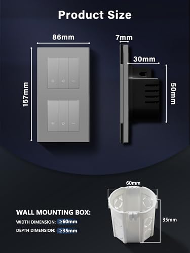 BSEED Doppel WiFi Dimmer Schalter,1 Fach 1 Weg Smart Dimmschalter,Kompatibel mit Amazon Alexa & Google Home,Lichtschalter Dimmbar für led lampen 240V Grau(Neutralleiter Erforderlich)
