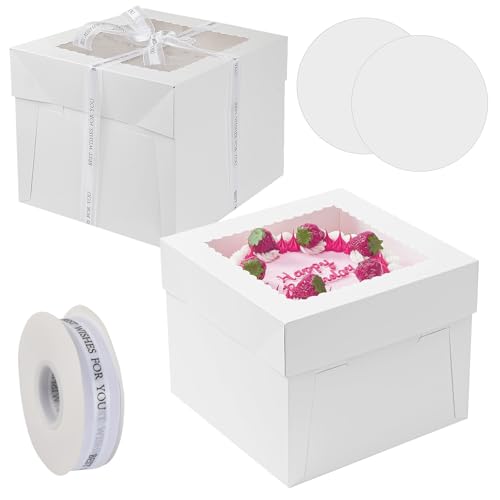 Anseom Boîtes à Gâteau 2Pcs, 25,4 x 25,4 x 20,3 cm Boite Gateau Carton avec Plateaux à Gâteau, boite a gateau Transportable avec Fenêtre Boite Transport Gateau avec Ruban pour les Anniversaires, Fêtes