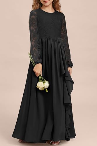 MITILLY Girls Fall Long Sleeve Maxi Dress Vintage A-Line Chiffon Ruffle Flowy Lace Flower Girl Dresses for Wedding Party2