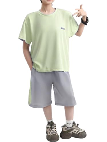 easyforever Kids Quick-dry Sports Set 2-piece T-shirt Shorts For Boys Girls Tennis Basketball Running Gym Workout Green 13-14 Years