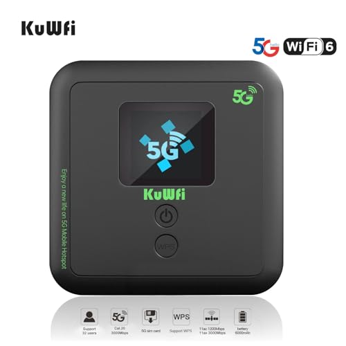 Image of KuWFi Ultra-Fast eSIM Router Portable 5G WiFi 6 Mobile Hotspot|Unlocked WiFi Pocket with 6000mAh|3000Mbps SIM Router 5G for RV & Travel|Hotspot Supports eSIM /SIM Slot&32 Devices|Compatible with AT&T