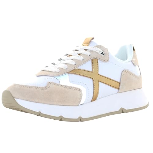 Baskets Munich femme en cuir blanc de qualité supérieure avec finitions beiges Mamba