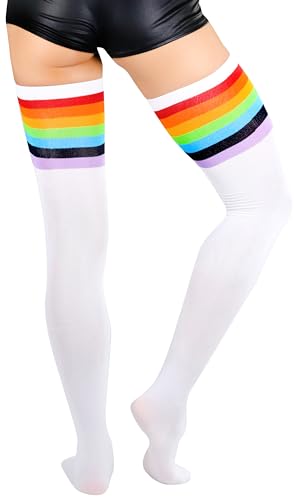 Image of ToBeInStyle Women's Bright Vibrant Rainbow Striped Thigh High Rave Stockings