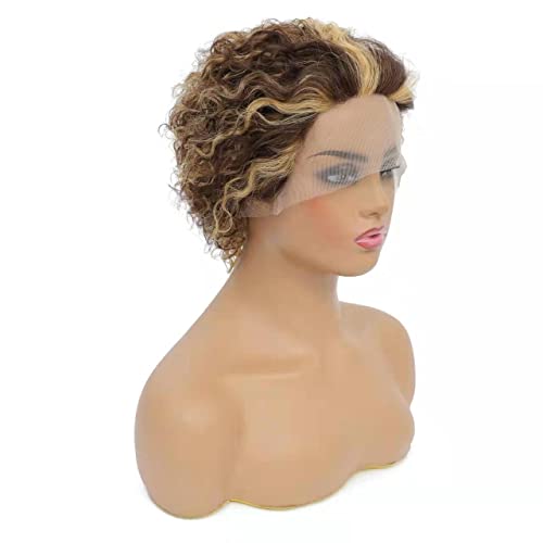 SIZIFEE 8 Inch Highlight Wig Human Hair Pixie Cut Wig Human Hair Short Curly Wigs Human Hair 13x1 Pixie Cut Short Lace Front Wigs Human Hair Pre Plucked (Highlight, 8 Inch)