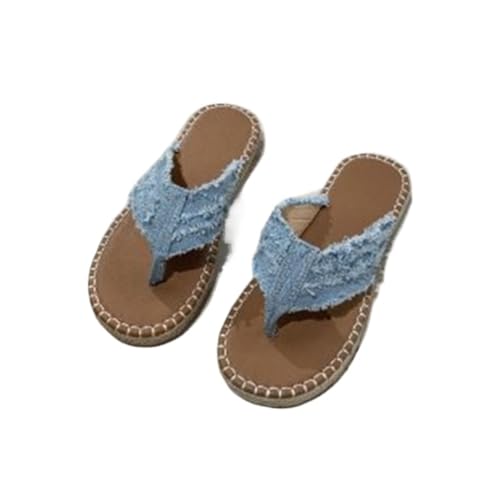 ALEBEE Denim Sandals For Women Straw Flat Heel Bohemian Flip-Flops Sandals