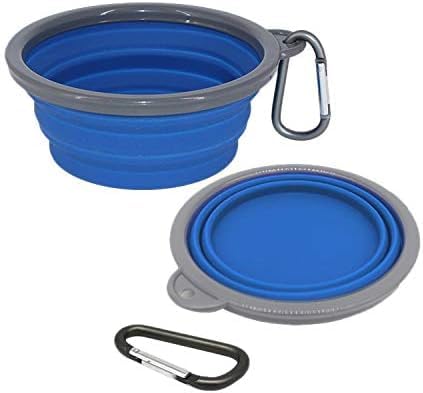 2 Pack,12 oz Collapsible Silicone Dog Bowls,Foldable Travel Dog Feeder with Plastic Rim and D-Ring,Portable Basic Dog Bowl,Foldable Feeding Watering pet Supplies (Blue)