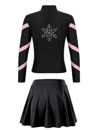 easyforever Kids Girls Sports Outfit Stripe Stand Collar Zipper Sweatshirt With Athletic Skirt Sets Dancewear Activewear Pink 14-15 Years4