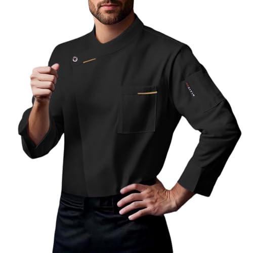 EQWIGKEIT Chaqueta de cocinero para hombre, manga larga, unisex, uniforme de cocina, ropa de cocina, negro/blanco, sin arrugas, camisa de cocinero, fácil de cuidar, cómoda, chaqueta de trabajo