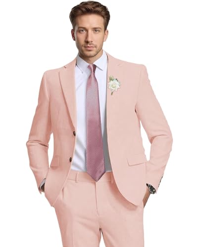 Linen Suit Slim Fit 2 Piece Lightweight Casual Summer Beach Wedding Groomsmen Formal Blazer Pant