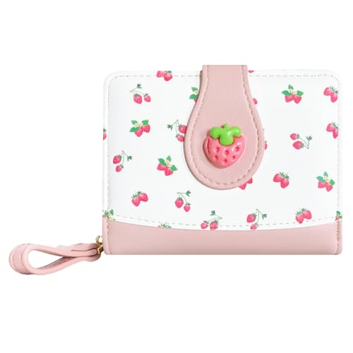 Image of Cute Print Wallet Blueberry Strawberry Cherry Wallet with Credit Card Slot Zipper Coin Pocket for Women Girls (PINKK)