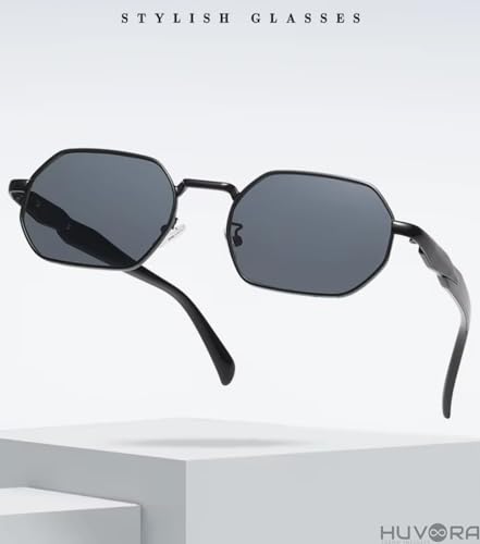 Image of HUVORA Retro Hexagonal Designer UV Protected Unisex Oval Sunglasses for Men Women | Stylish UV400 Protection Metal Frame Branded Geometric Goggles for Driving Fashion Party Sqaure Shades