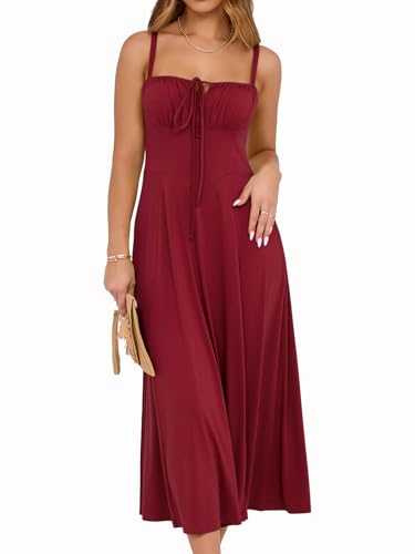 Image of YATHON Women's Summer Midi Corset Boho Dresses Spring Casual Floral Spaghetti Straps Lace Up Dress Flowy Aline Beach Sundress
