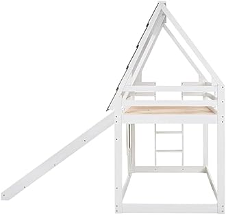 Merax Twin Over Twin House Bunk Bed Frame with Roof,Window,Ladder and Slide for Boys Girls, White & Brown