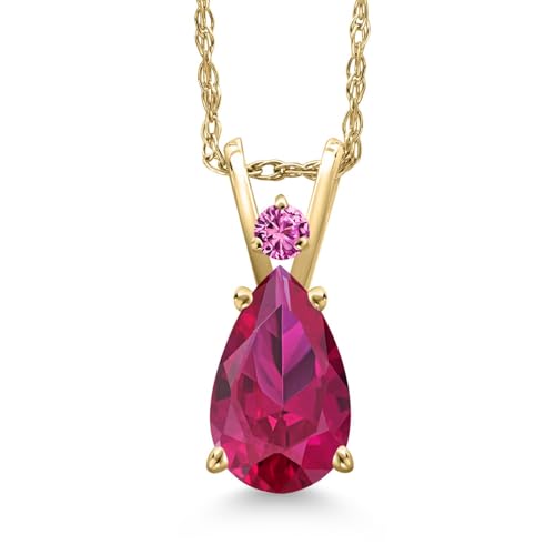 Gem Stone King 14K Yellow Gold Red Created Ruby and Pink Created Sapphire Pendant Necklace for Women | 1.47 Cttw | Gemstone July Birthstone | Pear Shape 9X6MM | With 18 Inch Chain