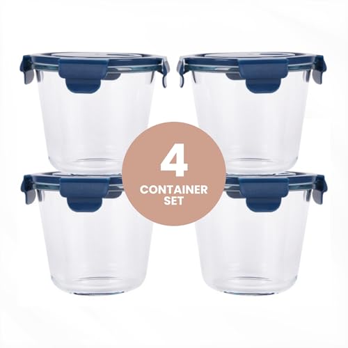 Image of Coco Andrea Reusable Round Glass Meal Prep Containers With Lids, 4 Sets | 25 oz /3 Cup Glass Storage Containers With Lids; airtight and microwave-safe for meal prep, lunch and soup.