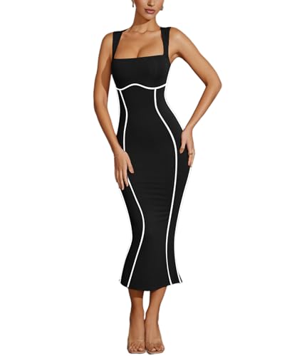 MAYFASEY Women's Summer Sleeveless Square Neck Contrast Binding Cocktail Party Bodycon Midi Dress Back Slit Maxi Dress