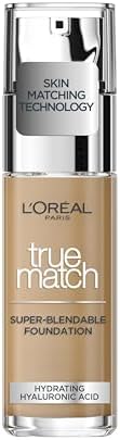 L'Oreal Paris True Match Liquid Foundation, Skincare Infused with Hyaluronic Acid, SPF 17, Available in 40 Shades, 5W Golden Sand, 30 ml