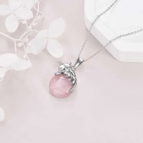 Vadmans Cat Necklace Jewelry For Girls Rose Quartz Necklace For Women 925 Sterling Silver Cat Lover Gift For Women Mother's Day #TOP2