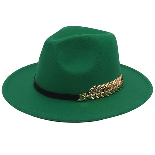 Qiyun.z Women Men Fedora Wide Brim Felt Panama Hat with Belt Buckle Cap Circumference 56-58cm Grass Green