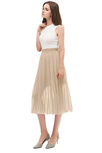 Goobgs Women's Pleated A-Line High Waist Swing Flare Midi Skirt Beige Small/Medium #TOP5