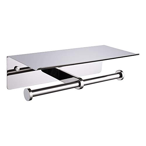 APLusee Double Toilet Paper Holder with Shelf Polished Chrome, SUS304 Stainless Steel Contemporary