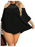 Verdusa Women's Plus Size Hollow Out Cold Shoulder Halter Tops Flare Sleeve Tunic Shirts Black 3X-Large Plus