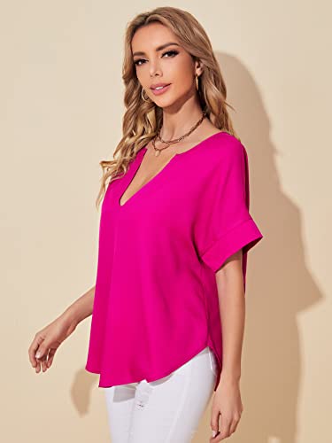 Image of Milumia Women Notched V Neck Batwing Sleeve Blouse Curved Hem Solid Casual Top
