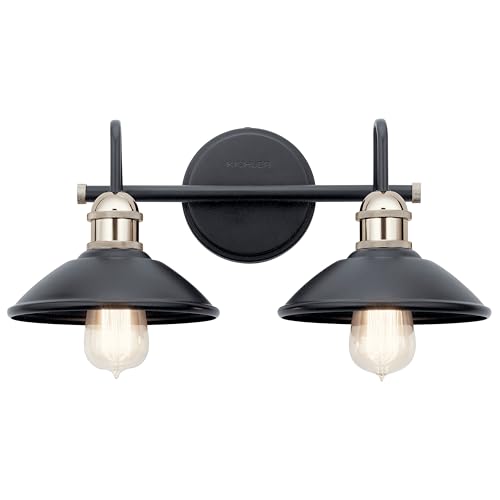 Image of Kichler Clyde 2-Light Bathroom Vanity Light Fixture with Vintage Industrial Design, Black Finish for Bathrooms Over Mirror (7.25 inch H x 17 inch W x 8.25 inch Ext.), 45944BK
