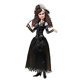 Diese Bellatrix Lestrange Puppe zum Sammeln sieht genau wie der Charakter im Film aus und trägt ein schwarzes Kleid mit mystischem Motiv, einen schwarzen Überrock und ein Korsett-Detail.